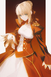 Rule 34 | 1girl, blonde hair, braid, breasts, cleavage cutout, clothing cutout, commentary, dress, epaulettes, fate/extra, fate (series), fov ps, french braid, green eyes, hair bun, hair ribbon, juliet sleeves, large breasts, long sleeves, nero claudius (fate), nero claudius (fate) (all), puffy sleeves, red dress, red ribbon, ribbon, see-through, see-through dress, sidelocks, solo, wide sleeves