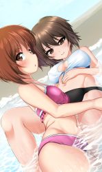 Rule 34 | 10s, 2girls, absurdres, beach, bikini, black bikini, blush, breasts, brown eyes, brown hair, cleavage, cleavage cutout, closed mouth, clothing cutout, commentary request, day, dutch angle, girls und panzer, hand on own stomach, highres, looking at viewer, looking back, lying, medium breasts, mismatched bikini, multiple girls, navel, nishizumi maho, nishizumi miho, on back, on side, outdoors, parted lips, pink bikini, shiina excel, short hair, siblings, sisters, sky, smile, straddling, swimsuit, wading, wet, white bikini