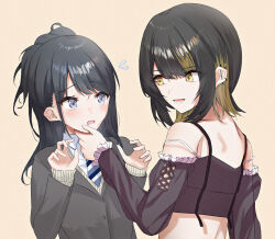 Rule 34 | 2girls, black hair, blonde hair, blue eyes, hand on another&#039;s chin, highres, idolmaster, idolmaster shiny colors, ikaruga luca, kazano hiori, long hair, looking at another, ma7bell, medium hair, multicolored hair, multiple girls, open mouth, ponytail, simple background, swept bangs, upper body, yellow eyes