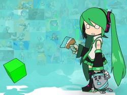 Rule 34 | 1girl, bare shoulders, black thighhighs, chibi, detached sleeves, green hair, hair ornament, hatsune miku, headset, long hair, looking at viewer, mogumogu fuyoudo, necktie, o o, open mouth, paint can, paintbrush, skirt, solo, tattoo, tesseract, thighhighs, twintails, very long hair, vocaloid