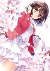 Rule 34 | 1girl, breasts, brown eyes, brown hair, buttons, flower, hand up, highres, jacket, katou megumi, long hair, looking at viewer, medium breasts, misaki kurehito, official art, open clothes, open jacket, petals, saenai heroine no sodatekata, short hair, simple background, skirt, white background