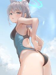 Rule 34 | 1girl, absurdres, animal ear fluff, animal ears, ass, bare shoulders, blue archive, blue eyes, blue one-piece swimsuit, blue sky, blush, breasts, clothes pull, cross hair ornament, extra ears, grey hair, hair ornament, halo, highleg, highleg swimsuit, highres, looking at viewer, looking back, marulire, medium breasts, medium hair, multicolored clothes, multicolored swimsuit, one-piece swimsuit, one-piece swimsuit pull, open mouth, shiroko (blue archive), shiroko (swimsuit) (blue archive), short ponytail, sidelocks, sky, solo, swimsuit, thighs, wolf ears