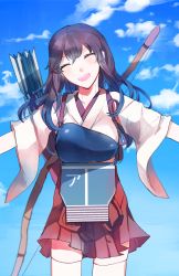 Rule 34 | 10s, 1girl, :p, ^ ^, akagi (kancolle), archery, arrow (projectile), bad id, bad pixiv id, blue sky, blush, bow (weapon), brown hair, closed eyes, cloud, day, closed eyes, female focus, hakama, hakama short skirt, hakama skirt, japanese clothes, kantai collection, kyuudou, long hair, muneate, niga, open mouth, outstretched arms, personification, quiver, skirt, sky, smile, solo, thighhighs, tongue, tongue out, weapon, white thighhighs