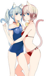 Rule 34 | 2girls, animal ears, asymmetrical docking, bad id, bad pixiv id, bell, bikini, blue eyes, blue hair, blue one-piece swimsuit, blush, breast press, breasts, cat ears, cat tail, choker, cleavage, collarbone, couple, female focus, groin, hair between eyes, hair ornament, highres, hug, kanata (chack fastener), long hair, medium breasts, multiple girls, navel, off shoulder, one-piece swimsuit, original, red bikini, school swimsuit, short hair, sideboob, sidelocks, silver hair, simple background, small breasts, smile, standing, swimsuit, tail, twintails, underboob, white background, yuri