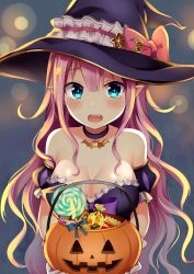 Rule 34 | 1girl, bare shoulders, blue eyes, blush, breasts, candy, choker, cleavage, fang, food, halloween, halloween costume, hat, highres, jack-o&#039;-lantern, large breasts, long hair, looking at viewer, md5 mismatch, open mouth, original, pink hair, pointy ears, puff and slash sleeves, puffy sleeves, pumpkin, resolution mismatch, simple background, solo, source larger, sparkling eyes, tears, white background, witch hat, yuusa