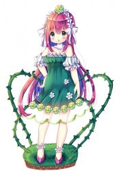 Rule 34 | 1girl, bare shoulders, blush, bow, breasts, chocolat (momoiro piano), commentary request, detached sleeves, dress, flower, full body, green dress, green eyes, green flower, green rose, hair between eyes, hair bow, hair flower, hair ornament, hand on own hip, long hair, multicolored hair, orange hair, original, parted lips, pink hair, plant, puffy short sleeves, puffy sleeves, purple footwear, purple hair, rose, see-through, shoes, short sleeves, simple background, small breasts, solo, standing, strapless, strapless dress, striped sleeves, thorns, very long hair, vines, white background, white bow, white flower, white sleeves