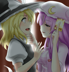 Rule 34 | 2girls, backlighting, blonde hair, eye contact, female focus, grabbing another&#039;s chin, hand on another&#039;s chin, hat, kirisame marisa, long hair, looking at another, miki purasu, multiple girls, naughty face, patchouli knowledge, purple eyes, purple hair, role reversal, short hair, spell card, touhou, witch, witch hat, you gonna get raped, yuri