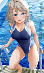 Rule 34 | 1girl, barefoot, blue eyes, blue one-piece swimsuit, breasts, brown hair, competition swimsuit, highres, large breasts, love live!, love live! sunshine!!, miel (lessontome), one-piece swimsuit, open mouth, pool, short hair, smile, solo, swimsuit, thighs, watanabe you, water, wet, wet hair