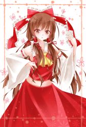 Rule 34 | 1girl, absurdres, bad id, bad pixiv id, bow, brown eyes, brown hair, detached sleeves, female focus, hair bow, hair tubes, hakurei reimu, highres, japanese clothes, long hair, midriff peek, miko, shimeji hachi, solo, touhou