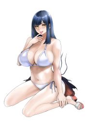 Rule 34 | 1girl, bare arms, bare shoulders, bikini, blue hair, breasts, cleavage, dark blue hair, full body, green eyes, hand up, highres, large breasts, lips, long hair, navel, ooshima ryou, original, pink lips, platform footwear, sandals, side-tie bikini bottom, simple background, sitting, smile, solo, swept bangs, swimsuit, tongue, tongue out, white background, white bikini