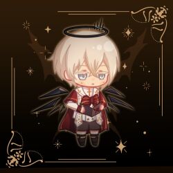 Rule 34 | 1boy, arknights, black footwear, black shorts, black socks, black wings, bow, brown background, chibi, colored eyelashes, detached wings, duduqiu58136, executor (arknights), grey eyes, hair between eyes, halo, highres, holding, light brown hair, male focus, red bow, shirt, shoes, shorts, socks, solo, striped bow, white shirt, wings