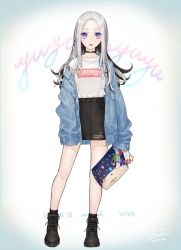 Rule 34 | 1girl, artist name, bad id, bad pixiv id, bag, bag charm, black choker, black footwear, black skirt, charm (object), choker, circle name, clothes writing, commentary request, dated, denim, denim jacket, fashion, full body, grey hair, handbag, high tops, holding, holding bag, jacket, long hair, looking at viewer, off shoulder, original, parted lips, purple eyes, shoes, short sleeves, signature, skirt, sleeves past wrists, sneakers, solo, standing, streetwear, torn clothes, torn skirt, yua (tick-tack)