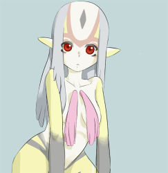 Rule 34 | ao no roku-gou, breasts, colored skin, convenient censoring, cowboy shot, green background, grey hair, long hair, monster girl, multicolored skin, mutio, nude, peeh, pointy ears, red eyes, simple background, solo, yellow skin