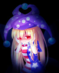 Rule 34 | 1girl, american flag dress, american flag shirt, black background, blonde hair, blush, clownpiece, evil grin, evil smile, full-face blush, glowing, glowing eyes, grin, hands on own face, hat, jester cap, long hair, red eyes, shaded face, shirt, short sleeves, simple background, smile, solo, star (symbol), striped, touhou, upper body, z.o.b