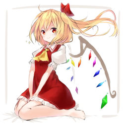 Rule 34 | &gt;:), ahoge, ascot, blonde hair, crystal, embodiment of scarlet devil, fang, flandre scarlet, full body, hat, highres, mob cap, red eyes, red skirt, short hair with long locks, side ponytail, sitting, skirt, solo, sparkle, touhou, v-shaped eyebrows, white background, wings, yellow ascot