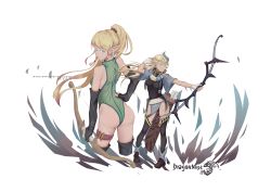 Rule 34 | 1girl, 2017, archer (dragon nest), arm at side, arrow (projectile), ass, black gloves, black leotard, black thighhighs, blonde hair, blue eyes, boots, bow (weapon), breasts, circlet, closed mouth, cropped legs, dated, dragon nest, elf, english text, fingerless gloves, gloves, green leotard, hand on own hip, high ponytail, highres, leotard, light smile, long hair, long pointy ears, medium breasts, multiple views, outstretched arm, partially fingerless gloves, pointy ears, quiver, solo, standing, thigh boots, thigh strap, thighhighs, very long hair, weapon, white background, white gloves, wide sleeves, yashi kano ko