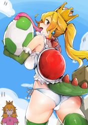 Rule 34 | apron, ass, bad id, bad twitter id, bare shoulders, blonde hair, breasts, crown, egg, elbow gloves, gloves, green gloves, green legwear, highres, jewelry, large breasts, long tongue, looking at viewer, looking back, mario (series), nakasone haiji, nintendo, open mouth, panties, ponytail, princess peach, side-tie panties, super crown, tail, thighhighs, tongue, turtle shell, underwear, very long tongue, white panties, yoshi