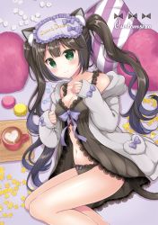 Rule 34 | 1girl, animal ears, babydoll, black babydoll, black hair, black panties, blush, bow, breasts, cat ears, cat tail, circle name, cleavage, clenched hand, coffee, collarbone, commentary request, cup, english text, food, frilled hairband, frilled panties, frills, gem, green eyes, grey background, grey jacket, hairband, hand on own chest, heart, hood, hood down, hooded jacket, jacket, kuu-chan (sakurai makoto (custom size)), lace trim, latte art, lingerie, lolita hairband, long hair, looking at viewer, lying, macaron, medium breasts, mug, navel, neck ribbon, on side, original, panties, pillow, purple bow, purple hairband, purple ribbon, ribbon, sakurai makoto (custom size), sleeves past wrists, smile, solo, star (symbol), tail, tray, twintails, underwear