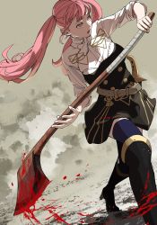 Rule 34 | 1girl, axe, belt, belt buckle, blood, bloody weapon, boots, breasts, buckle, female focus, fire emblem, fire emblem: three houses, garreg mach monastery uniform, high heel boots, high heels, highres, hilda valentine goneril, holding, holding axe, holding weapon, large breasts, long hair, matching hair/eyes, nintendo, open mouth, pink eyes, pink hair, sheath, sheathed, shishima eichi, solo, sword, thighhighs, tongue, twintails, weapon, zettai ryouiki