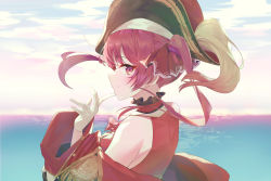 Rule 34 | 1girl, absurdres, anchor symbol, bare shoulders, black choker, choker, frilled choker, frills, from behind, gloves, hand up, hat, highres, hololive, houshou marine, jacket, long hair, looking back, munseonghwa, ocean, off shoulder, pirate hat, profile, red eyes, red hair, red jacket, sky, smile, solo, twintails, upper body, virtual youtuber, water, white gloves