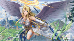 Rule 34 | 1girl, angel wings, blonde hair, blue eyes, blush, breasts, castle, chain, cleavage, cleavage cutout, clothing cutout, elbow gloves, from above, gloves, heart, high heels, highres, holding, holding polearm, holding spear, holding weapon, huanghyy, large breasts, long hair, looking at viewer, open mouth, original, pointy ears, polearm, smile, solo, spear, teeth, weapon, white gloves, wings