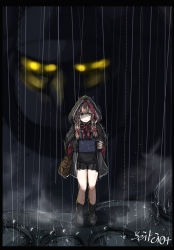 Rule 34 | 1girl, bag, black footwear, black skirt, blush, boots, braid, brown hair, capelet, closed mouth, commentary request, crossover, highres, holding, hood, hood up, hooded capelet, kantai collection, long hair, long sleeves, mecha, pleated skirt, rain, robot, seitei (04seitei), shinshuu maru (kancolle), skirt, standing, tetsujin 28, tetsujin 28-gou, twin braids