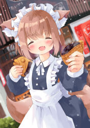 Rule 34 | 1girl, animal ears, apron, blue dress, blurry, blurry background, blush, brown hair, cat ears, cat girl, cat tail, closed eyes, commentary request, depth of field, dress, dutch angle, facing viewer, fang, food, frilled apron, frills, highres, long sleeves, maid, maid apron, maid headdress, manabe mana, open mouth, original, puffy long sleeves, puffy sleeves, short hair, skin fang, solo, tail, taiyaki, wagashi, white apron
