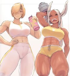 Rule 34 | 2girls, abs, absurdres, animal print, arm up, artist name, bare arms, bare shoulders, blonde hair, boku no hero academia, border, bottle, breasts, cowboy shot, dark-skinned female, dark skin, dumbbell, exercising, hair over one eye, hand on own hip, headband, highres, holding, large breasts, long eyelashes, long hair, looking at viewer, midriff, mirko, mossausage, multiple girls, muscular, muscular female, navel, open mouth, pants, parted bangs, rabbit girl, rabbit print, red eyes, ryuukyuu, short hair, shorts, sports bra, sportswear, teeth, thick thighs, thighs, tight clothes, tight pants, toned, water bottle, weightlifting, white background, white border, white hair, white pants, white sports bra, yellow eyes, yellow shorts, yellow sports bra