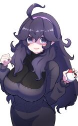 Rule 34 | 1girl, @ @, absurdres, ahoge, alternate breast size, black hair, black nails, breasts, commentary request, creatures (company), curly hair, dress, game freak, hair between eyes, hairband, hands up, hex maniac (pokemon), highres, holding, holding poke ball, large breasts, long hair, long sleeves, looking at viewer, nail polish, nintendo, open mouth, poke ball, poke ball (basic), pokemon, pokemon xy, simple background, smile, solo, sushi no ikari, white background