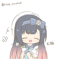 Rule 34 | 1girl, :d, ^ ^, beret, black hair, blue bow, blue neckerchief, blue sailor collar, blush, bow, closed eyes, crossed bandaids, facing viewer, flower, gloves, gradient hair, hair bow, hat, holding, holding flower, juliet sleeves, kantai collection, long hair, long sleeves, matsuwa (kancolle), multicolored hair, neckerchief, open mouth, puffy sleeves, red hair, ri-net, sailor collar, school uniform, serafuku, shirt, simple background, smile, solo, tears, torn clothes, torn hat, torn shirt, translation request, twitter username, very long hair, white background, white flower, white gloves, white hat, white shirt