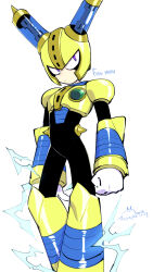 Rule 34 | 1boy, android, armor, black bodysuit, bodysuit, breastplate, clenched hand, closed mouth, electricity, feet out of frame, fuse, fuse man, gloves, helmet, highres, joints, looking to the side, male focus, mega man (classic), mega man (series), mega man 11, purple eyes, robot, robot joints, shoulder armor, simple background, solo, solo focus, standing, vambraces, wenyu, white background, white gloves, yellow armor, yellow headwear