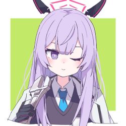 Rule 34 | 1girl, ;), aki inu, blue archive, blue necktie, blush, border, closed mouth, coat, coat on shoulders, collared shirt, halo, highres, holding, holding wrench, long hair, looking at viewer, necktie, one eye closed, purple eyes, purple hair, shirt, smile, solo, sweater vest, upper body, utaha (blue archive), white border, white shirt, wrench