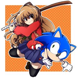 Rule 34 | 1boy, 1girl, aisaka taiga, black thighhighs, blue skirt, border, brown eyes, brown hair, closed mouth, commentary, commission, crossover, english commentary, full body, furry, furry male, gloves, hedgehog, highres, holding, holding weapon, hurin raika, long hair, long sleeves, looking at viewer, oohashi high school uniform, orange background, outline, pleated skirt, polka dot, polka dot background, red footwear, school uniform, skeb commission, skirt, smile, sonic (series), sonic the hedgehog, sword, thighhighs, toradora!, v-shaped eyebrows, weapon, white border, white gloves, white outline, wooden sword