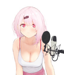 Rule 34 | 1girl, blush, bra, bra strap, breasts, camisole, cleavage, cowboy shot, dolphin shorts, hair ornament, hairclip, highres, large breasts, looking at viewer, microphone, nijisanji, red bra, red eyes, red shorts, shiina yuika, shorts, simple background, sleeveless, solo, tai (e3d1p), underwear, virtual youtuber, white background, white camisole
