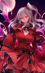 Rule 34 | 1girl, absurdres, breasts, cleavage, dress, hair bobbles, hair ornament, highres, large breasts, long hair, long sleeves, looking at viewer, multiple wings, nail polish, night, one side up, open mouth, pantyhose, parted lips, pointy ears, raptor7, red dress, red eyes, ribbon, shinki (touhou), silver hair, solo, touhou, touhou (pc-98), wings