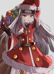 Rule 34 | 1girl, belt, black bow, bow, box, breasts, brown eyes, buttons, capelet, christmas, dress, fate/grand order, fate (series), forked eyebrows, fur-trimmed capelet, fur-trimmed dress, fur-trimmed headwear, fur trim, gift, gift box, hair bow, hat, highres, long hair, long sleeves, looking at viewer, m0 chi, melusine (fate), pantyhose, red capelet, red dress, red hat, sack, santa costume, santa dress, santa hat, sidelocks, small breasts, smile, solo, thighs, white hair, white pantyhose