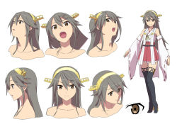 Rule 34 | 10s, 1girl, bare shoulders, boots, brown eyes, character sheet, detached sleeves, expressions, frilled skirt, frills, grey hair, hairband, haruna (kancolle), headgear, japanese clothes, kantai collection, lace, lace-trimmed legwear, lace trim, leon (mikiri hassha), long hair, looking at viewer, nontraditional miko, open mouth, pleated skirt, profile, red skirt, revision, skirt, smile, thigh boots, thighhighs, wide sleeves, zettai ryouiki