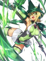 Rule 34 | 10s, 1girl, :d, akatsuki kirika, armor, armpits, blonde hair, blush, bodysuit, bracer, breasts, breasts apart, covered navel, cross, dutch angle, elbow gloves, flipped hair, gloves, green eyes, green thighhighs, hair between eyes, halterneck, happy, headgear, headphones, highres, holding, holding weapon, jumping, leotard, melon22, miniskirt, open mouth, outstretched arms, pauldrons, pleated skirt, purple eyes, scythe, senki zesshou symphogear, short hair, shoulder armor, simple background, skin tight, skirt, smile, solo, spread arms, spread legs, thighhighs, transparent, turtleneck, weapon, white background, zettai ryouiki