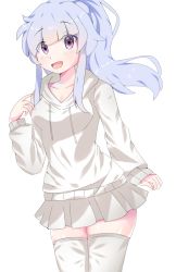 Rule 34 | 1girl, artist name, beyblade, beyblade: burst, blue hair, character name, happy, highres, kymhotii, long hair, nishiro nya, open mouth, panties, purple eyes, self-upload, short twintails, simple background, skirt, sweater, twintails, underwear, white panties, white sweater