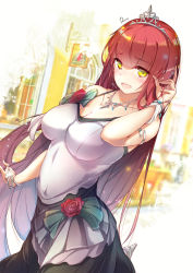 Rule 34 | 1girl, :d, adjusting hair, arm up, armband, bangle, black dress, bracelet, breasts, cleavage, collarbone, dermar, dress, earrings, flower, green eyes, high heels, highres, jewelry, large breasts, long hair, looking at viewer, multicolored clothes, multicolored dress, necklace, open mouth, original, red hair, rose, signature, silver footwear, smile, solo, tiara, very long hair, white dress