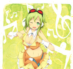 Rule 34 | 1girl, ahoge, bad id, bad pixiv id, bare shoulders, blush, body blush, breasts, cleavage, crop top, goggles, goggles on head, green eyes, green hair, gumi, highres, large breasts, looking at viewer, matching hair/eyes, midriff, musical note, navel, one eye closed, open mouth, red-tinted eyewear, short hair, skirt, smile, solo, suu2501, suu2510, tinted eyewear, treble clef, vocaloid, wink, wrist cuffs