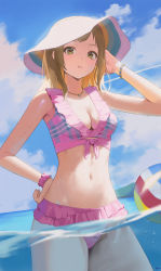 Rule 34 | 1girl, bad id, bad pixiv id, ball, bead bracelet, beads, bikini, blue sky, bracelet, breasts, brown eyes, brown hair, cloud, commentary request, day, hand on own hip, hat, highres, idolmaster, idolmaster shiny colors, jewelry, looking at viewer, medium breasts, necklace, ocean, outdoors, parted lips, partially submerged, pink bikini, pink scrunchie, sakuragi mano, scrunchie, short hair, signature, sky, solo, spung, swimsuit, thighs, wet, white hat, wrist scrunchie