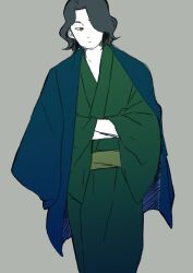 Rule 34 | 1boy, :/, alternate costume, black eyes, black hair, closed mouth, commentary request, facial hair, feet out of frame, goatee stubble, green kimono, green sash, grey background, hacchi (napoli no otokotachi), hair over one eye, hands in opposite sleeves, haori, jacket, jacket on shoulders, japanese clothes, kimono, long sleeves, looking to the side, male focus, medium hair, mutsu umi, napoli no otokotachi, one eye covered, sash, solo, standing, stubble, wavy hair