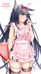 Rule 34 | 1girl, animal ear fluff, animal ears, apron, arknights, bare arms, black hair, black shorts, blaze (arknights), blue eyes, blurry, blurry background, blush, box, chipi chipi chapa chapa (meme), closed mouth, commentary request, depth of field, flying sweatdrops, frilled apron, frills, garter straps, gift, gift box, hair between eyes, hairband, hand up, happy valentine, heart-shaped box, highres, holding, holding gift, long hair, looking to the side, meme, pink apron, red hairband, shirt, shorts, simple background, single thighhigh, skindentation, sleeveless, sleeveless shirt, solo, thighhighs, twitter username, valentine, very long hair, white background, white shirt, white thighhighs, yokaze (yokajie)