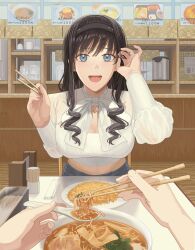 Rule 34 | 1girl, adjusting hair, amagami, black hair, black hairband, blue eyes, bowl, breasts, capelet, chopsticks, cleavage, counter, cup, denim, drill hair, food, food on face, hairband, hands up, highres, holding, holding chopsticks, holding spoon, indoors, jeans, large breasts, leaning forward, long hair, looking at viewer, menu, morishima haruka, nanidato (nanidat0), navel, noodles, open mouth, pants, pov, pov hands, ramen, restaurant, ribbed tank top, rice, rice on face, sitting, solo focus, spoon, table, tank top, toothpick, water boiler, white capelet, white tank top