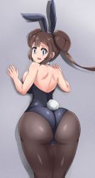 Rule 34 | 1girl, absurdres, against wall, animal ears, ass, back, backboob, backless outfit, blue eyes, blush, breast press, breasts, brown hair, cameltoe, creatures (company), double bun, fake animal ears, fake tail, from behind, game freak, hair bun, hairband, highres, huge ass, large breasts, leotard, long hair, looking at viewer, looking back, nintendo, pantyhose, playboy bunny, pokemon, pokemon bw2, rabbit ears, rabbit tail, robert m, rosa (pokemon), sideboob, solo, tail, thick thighs, thigh gap, thighs, twintails, wide hips
