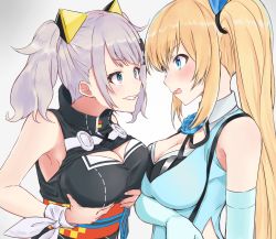Rule 34 | 2girls, blonde hair, blue eyes, blush, breast hold, breast press, breasts, cleavage, cleavage cutout, clothing cutout, elbow gloves, eye contact, gloves, grin, hair ornament, highres, kaguya luna, large breasts, long hair, looking at another, mamu t7s, mirai akari, mirai akari project, multiple girls, obi, parted lips, sash, side ponytail, silver hair, simple background, sleeveless, smile, symmetrical docking, the moon studio, twintails, upper body, virtual youtuber, white background, wristband
