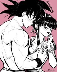 Rule 34 | black eyes, black hair, blush, bra, chi-chi (dragon ball), couple, dragon ball, happy, highres, husband and wife, lipstick, looking at another, makeup, muscular, muscular male, nervous sweating, smile, son goku, spot color, sweat, tagme, underwear, undressing