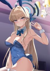 Rule 34 | 1girl, absurdres, animal ears, blonde hair, blue archive, blue eyes, blue hair, braid, breasts, cleavage, commentary, covered navel, everchix, fake animal ears, fingernails, halo, highres, leotard, long hair, looking at viewer, medium breasts, multicolored hair, official alternate costume, playboy bunny, rabbit ears, sitting, solo, thighhighs, thighs, toki (blue archive), toki (bunny) (blue archive), two-tone hair, v, white thighhighs