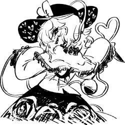Rule 34 | 1girl, black eyes, black hat, black skirt, blouse, bow, capelet, cowboy shot, eyeball, floral print, frilled capelet, frilled sleeves, frills, from behind, greyscale, grin, hat, hat bow, hat ribbon, heart, heart of string, high contrast, komeiji koishi, long sleeves, looking back, medium hair, monochrome, nyong nyong, ribbon, rose print, sharp teeth, shirt, simple background, skirt, sleeves past wrists, smile, solo, teeth, third eye, touhou, wavy hair, white background, wide sleeves